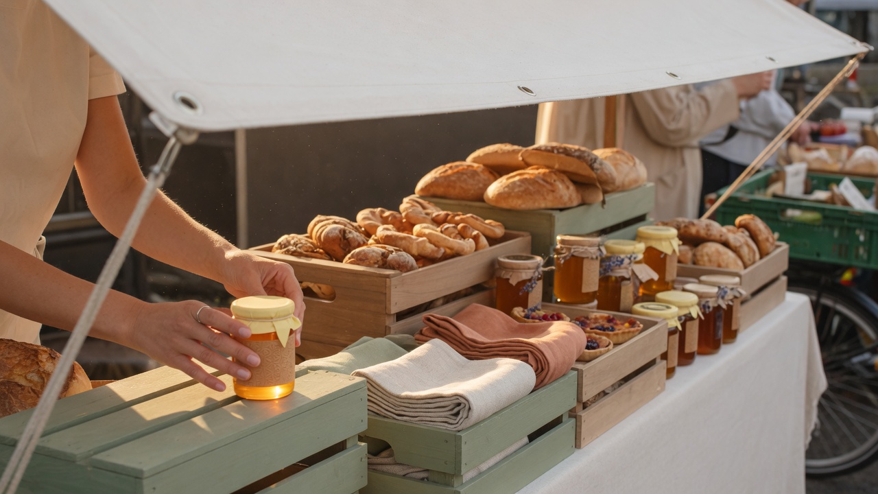 Hands arranging honey jars on a market stall