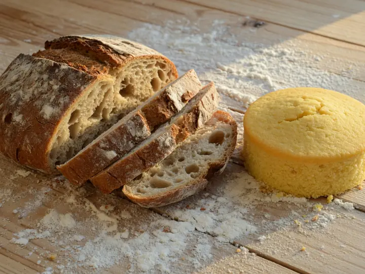 A sliced loaf of crusty bread next to a sponge cake