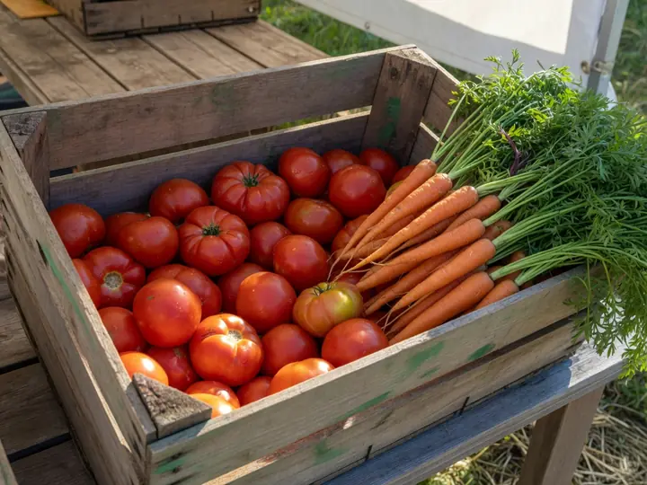 A crate of ripe tomatoes and carrots at a market stand
