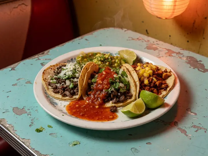 Three tacos with lime on a turquoise plate