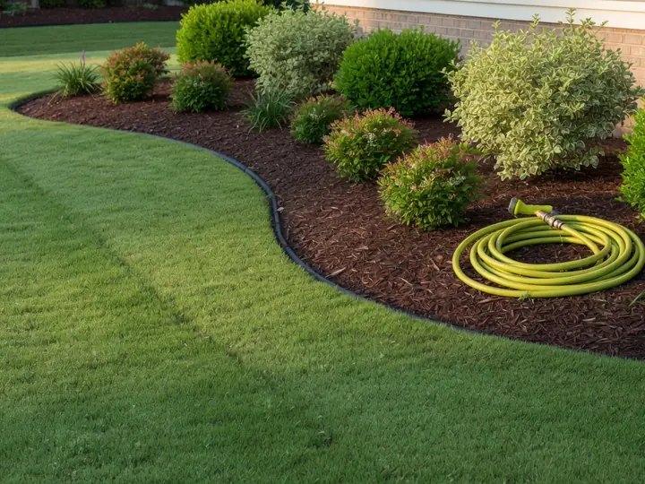 A tidy lawn with fresh mulch beds and shrubs