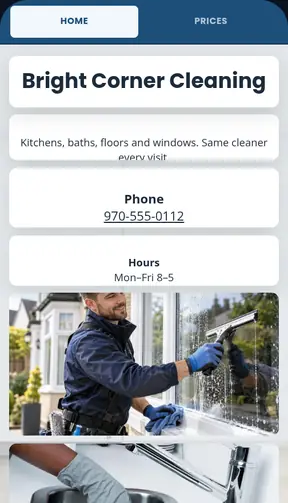 The Bright Corner Cleaning template on a phone
