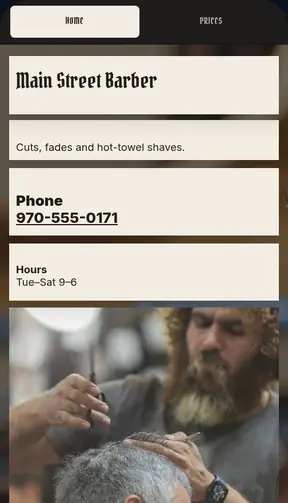 The Main Street Barber template on a phone