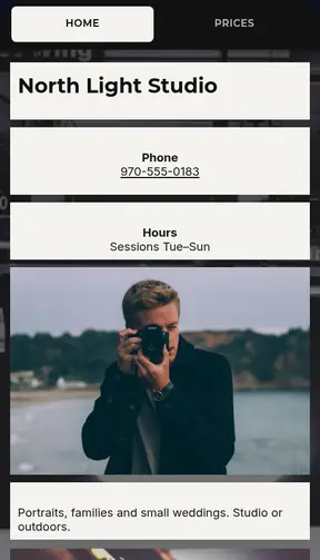 The North Light Studio template on a phone